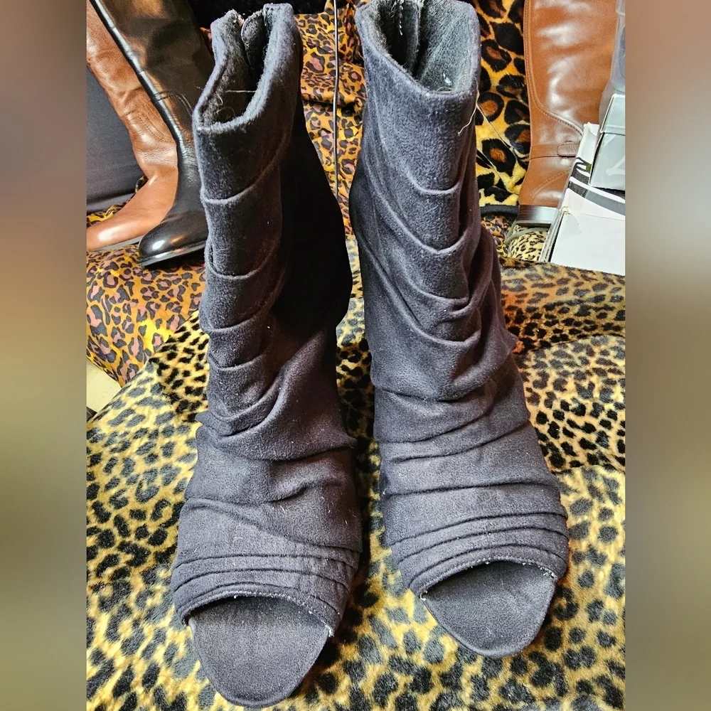 FIONI BLACK ANKLE BOOTIES PLATFORM HEEL OPEN TOE BOOTS SIZE 12